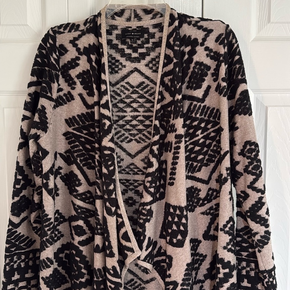 Lucky Brand Black/Beige Geometric Metallic Thread Open-Front Cardigan- M